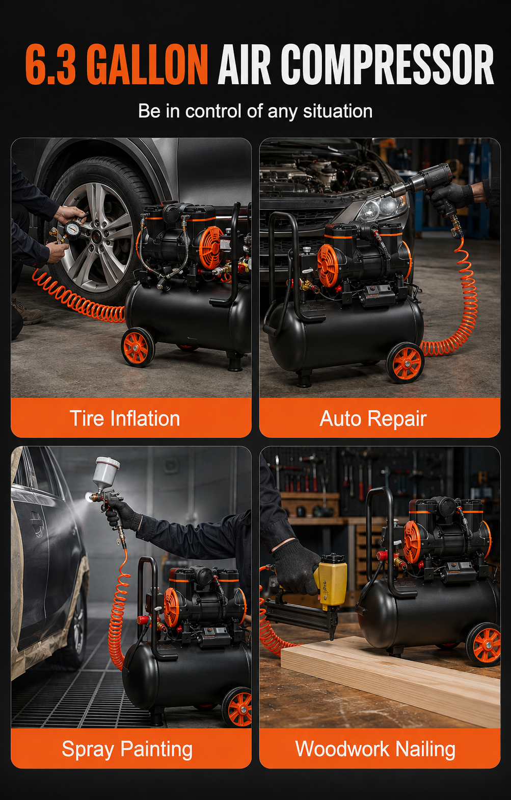 6.3 Gallon 2 HP Oil-Free Air Compressor – Portable Compressor with Wheels for Garage, Auto Repair, Painting & Pneumatic Tools