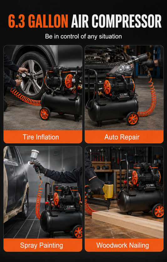 6.3 Gallon 2 HP Oil-Free Air Compressor – Portable Compressor with Wheels for Garage, Auto Repair, Painting & Pneumatic Tools