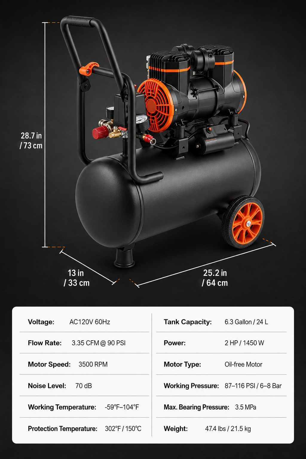 6.3 Gallon 2 HP Oil-Free Air Compressor – Portable Compressor with Wheels for Garage, Auto Repair, Painting & Pneumatic Tools